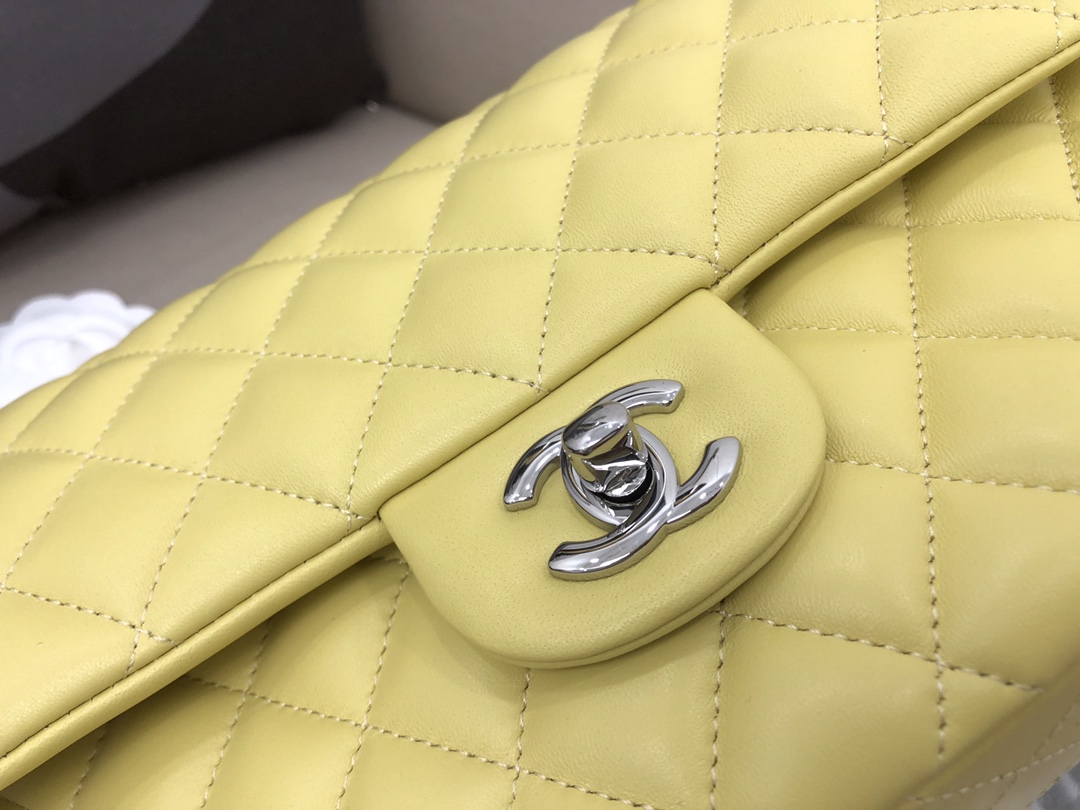 Medium Classic Flap Lambskin Bag AO1112 Yellow/Silver